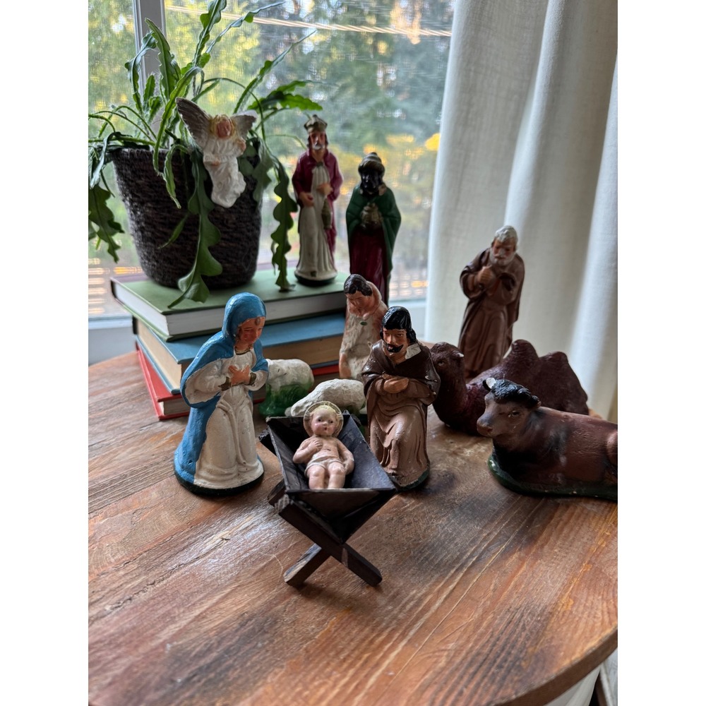 Vintage Chalkware Nativity Set 11 Piece Hand Painted Christmas Manger Figures